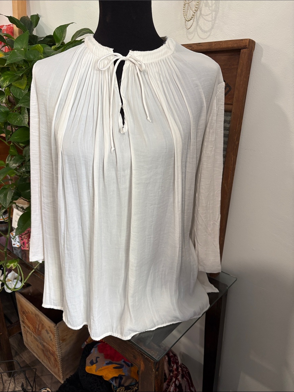 Women’s White Flowy Tie-Neck Blouse